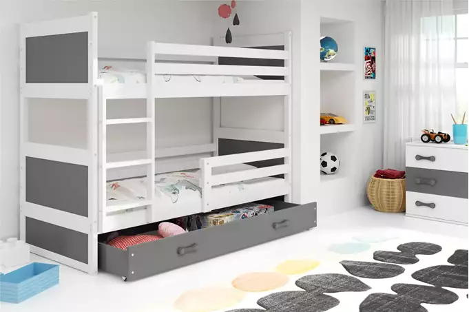 Visualisering av Våningssäng för ungdom RICO 90X190 med madrass och låda, vit/grafit