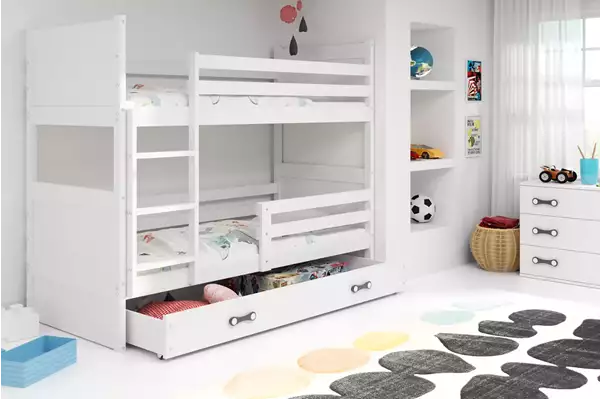 Visualisering av Våningssäng för ungdom RICO 90X190 med madrass och låda, vit