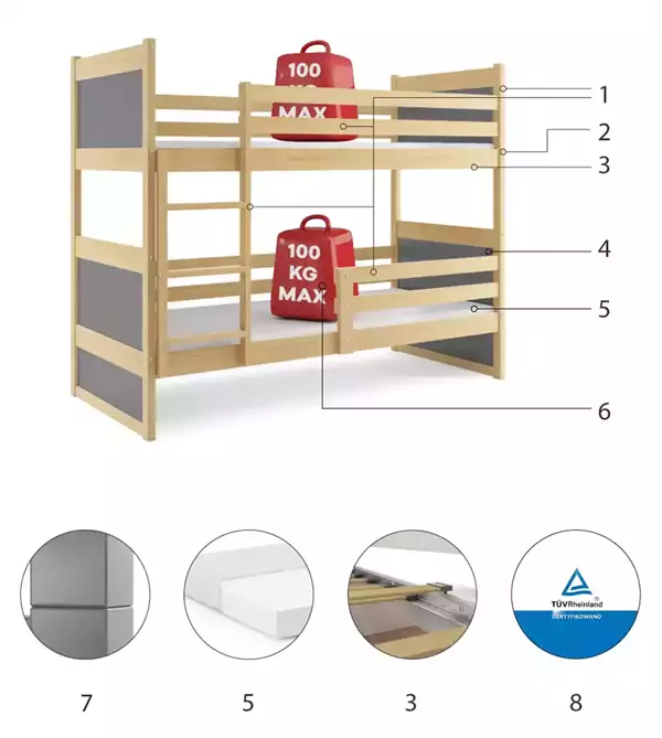Beståndsdelar för Våningssäng för ungdom RICO 90X190 med madrass, tall/grafit Beståndsdelar för Våningssäng för ungdom RICO 90X190 med madrass, tall/grafit