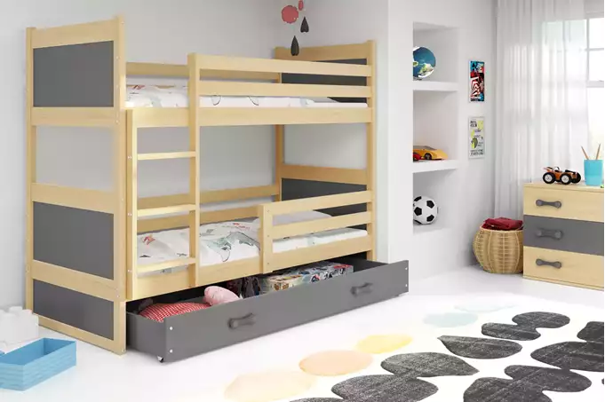 Visualisering av Våningssäng för ungdom RICO 90X200 med låda, furu/grafit