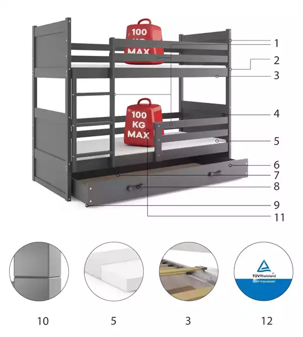 Beståndsdelar för Våningssäng för ungdom RICO 90x200 med låda, grafit Beståndsdelar för Våningssäng för ungdom RICO 90x200 med låda, grafit