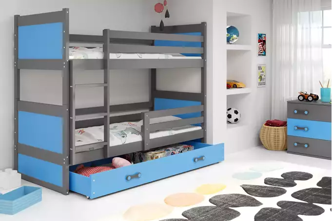 Visualisering av Våningssäng för ungdom RICO 90X200 med låda, grafit/blå