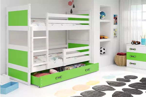 Visualisering av Våningssäng för ungdom RICO 90X200 med madrass och låda, vit/grön