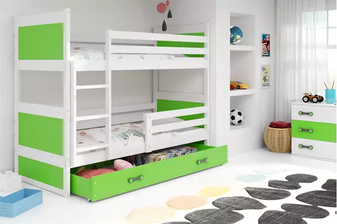 Visualisering av Våningssäng för ungdom RICO 90X200 med madrass och låda, vit/grön