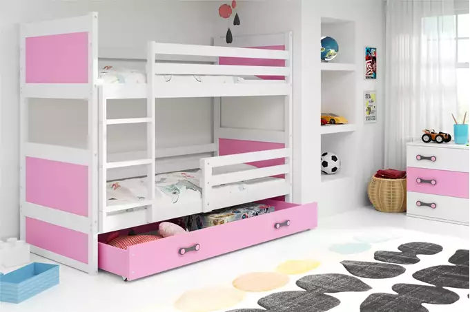 Visualisering av Våningssäng för ungdom RICO 90X200 med madrass och låda, vit/rosa