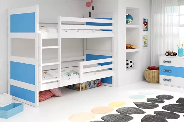 Visualisering av Våningssäng för ungdom RICO 90X200 med madrass, vit/blå