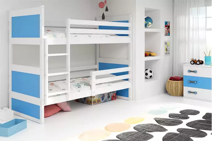 Visualisering av Våningssäng för ungdom RICO 90X200 med madrass, vit/blå