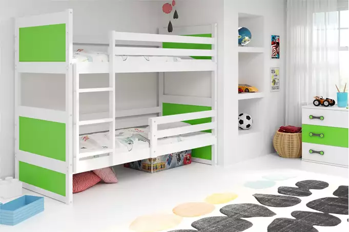 Visualisering av Våningssäng för ungdom RICO 90X200 med madrass, vit/grön