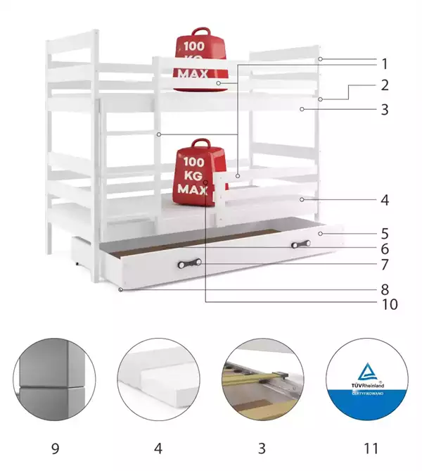 Beståndsdelar för Våningssäng för ungdomar ERYK 90X200 med låda, vit