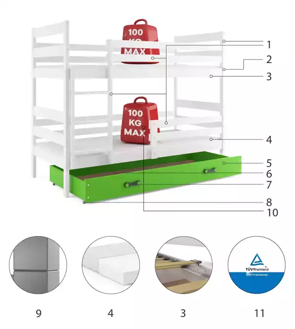 Beståndsdelar för Våningssäng för ungdomar ERYK 90X200 med låda, vit/grön Beståndsdelar för Våningssäng för ungdomar ERYK 90X200 med låda, vit/grön