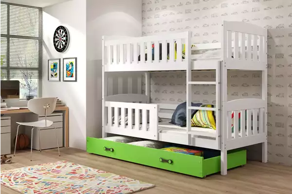 Visualisering av Våningssäng för ungdomar KUBUŚ 90X190 med madrass och låda, vit/grön Visualisering av Våningssäng för ungdomar KUBUŚ 90X190 med madrass och låda, vit/grön