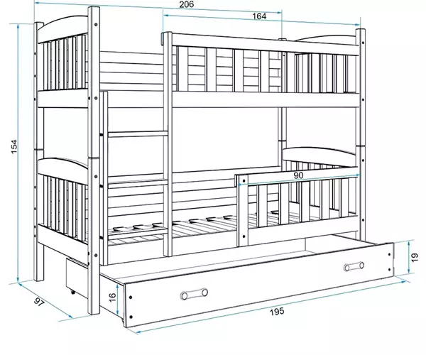 Storlek på Våningssäng för ungdomar KUBUŚ 90x200 med madrass och låda, furu/blå Storlek på Våningssäng för ungdomar KUBUŚ 90x200 med madrass och låda, furu/blå
