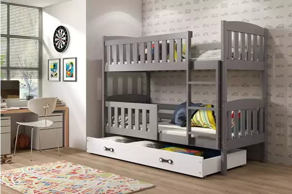 Visualisering av Våningssäng för ungdomar KUBUŚ 90X200 med madrass och låda, grafit/vit Visualisering av Våningssäng för ungdomar KUBUŚ 90X200 med madrass och låda, grafit/vit