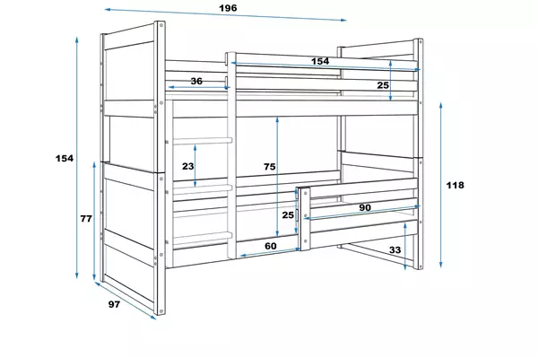 Storlek på Våningssäng för ungdomar RICO 90x190, furu/grafit Storlek på Våningssäng för ungdomar RICO 90x190, furu/grafit