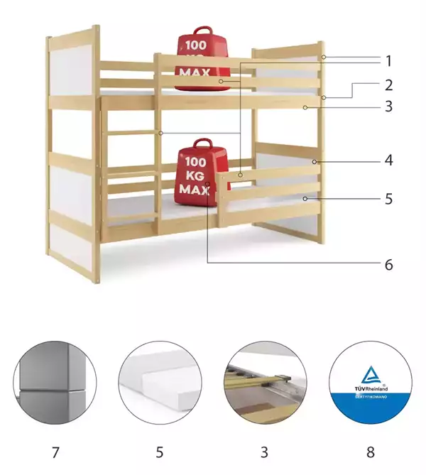 Beståndsdelar för Våningssäng för ungdomar RICO 90X190, furu/vit Beståndsdelar för Våningssäng för ungdomar RICO 90X190, furu/vit