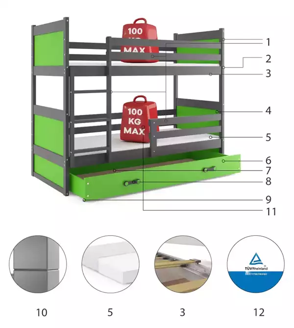 Beståndsdelar för Våningssäng för ungdomar RICO 90X190 med låda, grafit/grön
