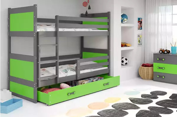 Visualisering av Våningssäng för ungdomar RICO 90X190 med låda, grafit/grön