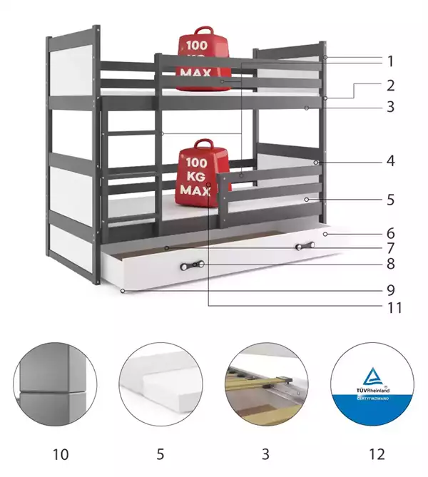 Beståndsdelar för Våningssäng för ungdomar RICO 90x190 med madrass och låda, grafit/vit Beståndsdelar för Våningssäng för ungdomar RICO 90x190 med madrass och låda, grafit/vit