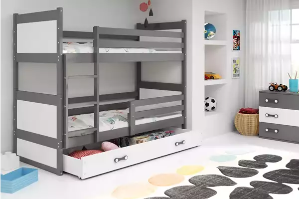 Visualisering av Våningssäng för ungdomar RICO 90x190 med madrass och låda, grafit/vit Visualisering av Våningssäng för ungdomar RICO 90x190 med madrass och låda, grafit/vit