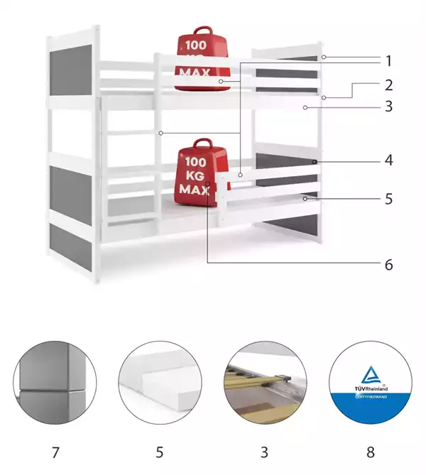 Beståndsdelar för Våningssäng för ungdomar RICO 90X190 med madrass, vit/grafit