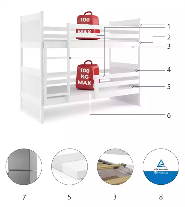 Beståndsdelar för Våningssäng för ungdomar RICO 90X190, vit Beståndsdelar för Våningssäng för ungdomar RICO 90X190, vit