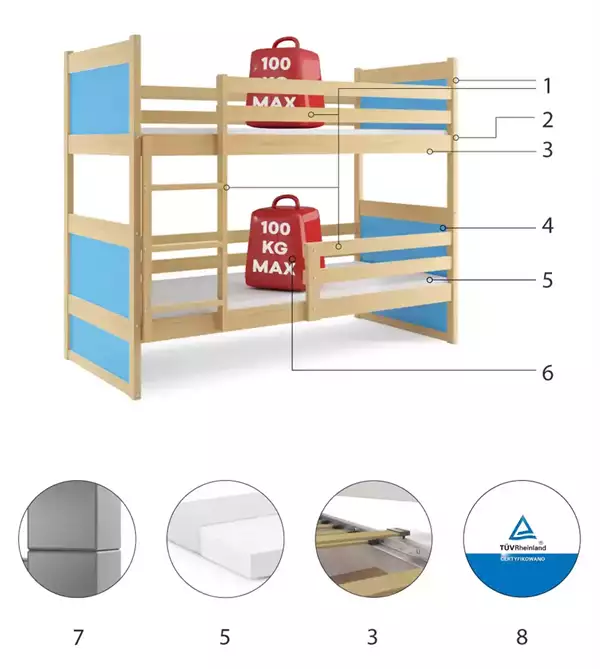Beståndsdelar för Våningssäng för ungdomar RICO 90X200, furu/blå Beståndsdelar för Våningssäng för ungdomar RICO 90X200, furu/blå