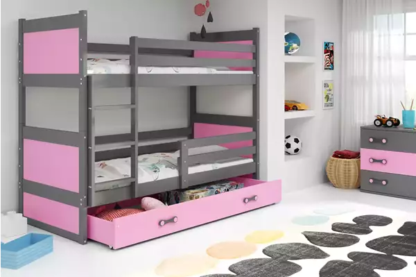 Visualisering av Våningssäng för ungdomar RICO 90X200 med låda, grafit/rosa