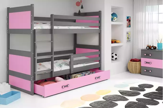 Visualisering av Våningssäng för ungdomar RICO 90X200 med låda, grafit/rosa