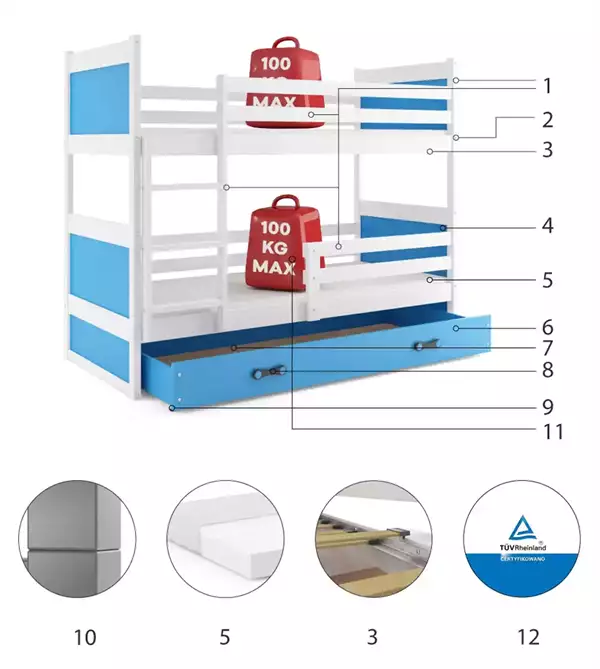 Beståndsdelar för Våningssäng för ungdomar RICO 90X200 med låda, vit/blå