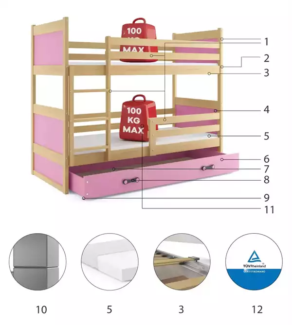 Beståndsdelar för Våningssäng för ungdomar RICO 90X200 med madrass och låda, furu/rosa