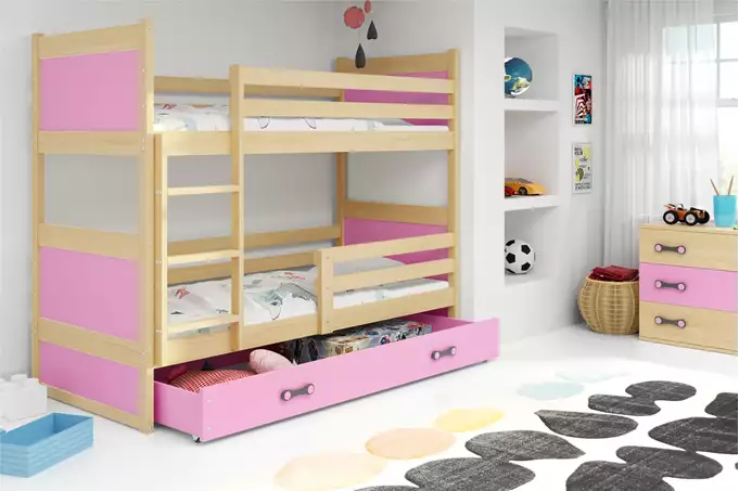 Visualisering av Våningssäng för ungdomar RICO 90X200 med madrass och låda, furu/rosa