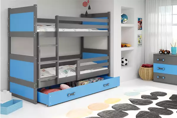 Visualisering av Våningssäng för ungdomar RICO 90X200 med madrass och låda, grafit/blå Visualisering av Våningssäng för ungdomar RICO 90X200 med madrass och låda, grafit/blå