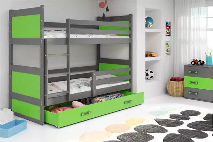 Visualisering av Våningssäng för ungdomar RICO 90X200 med madrass och låda, grafit/grön