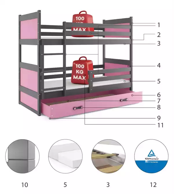 Beståndsdelar för Våningssäng för ungdomar RICO 90X200 med madrass och låda, grafit/rosa Beståndsdelar för Våningssäng för ungdomar RICO 90X200 med madrass och låda, grafit/rosa