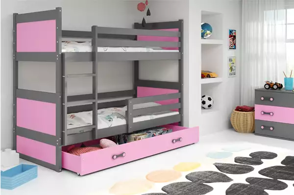 Visualisering av Våningssäng för ungdomar RICO 90X200 med madrass och låda, grafit/rosa Visualisering av Våningssäng för ungdomar RICO 90X200 med madrass och låda, grafit/rosa