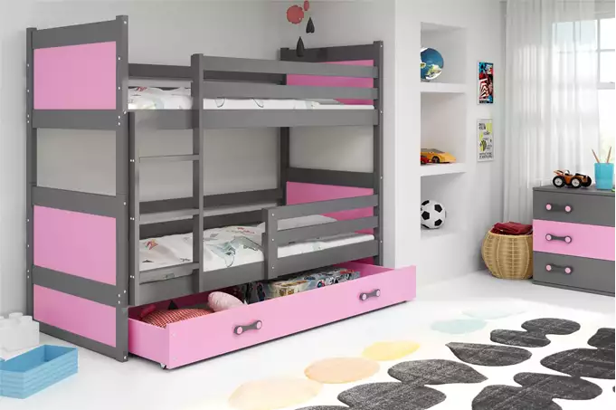 Visualisering av Våningssäng för ungdomar RICO 90X200 med madrass och låda, grafit/rosa