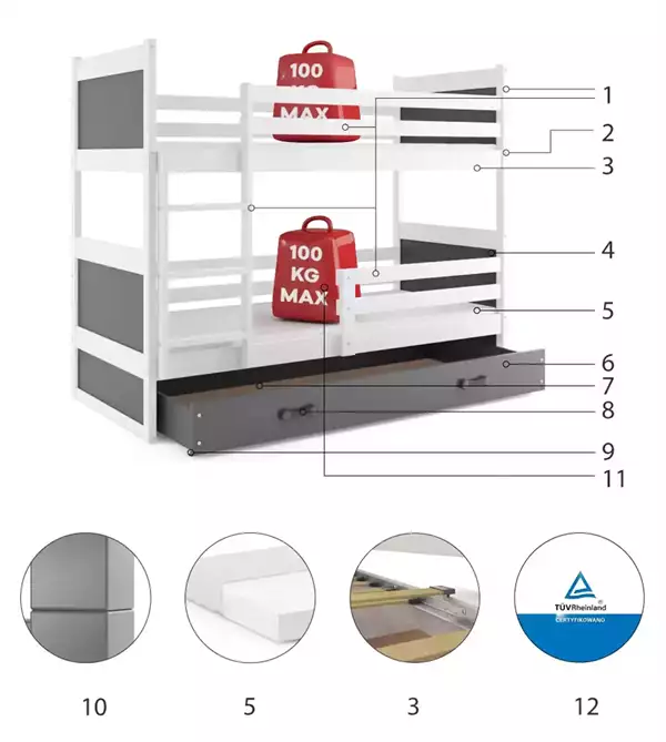 Beståndsdelar för Våningssäng för ungdomar RICO 90X200 med madrass och låda, vit/grafit