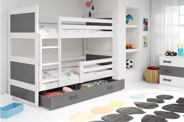 Visualisering av Våningssäng för ungdomar RICO 90X200 med madrass och låda, vit/grafit