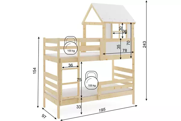 Mått och specifikationer för Våningssäng hus med tak – Eryk, i naturligt trä 90x190