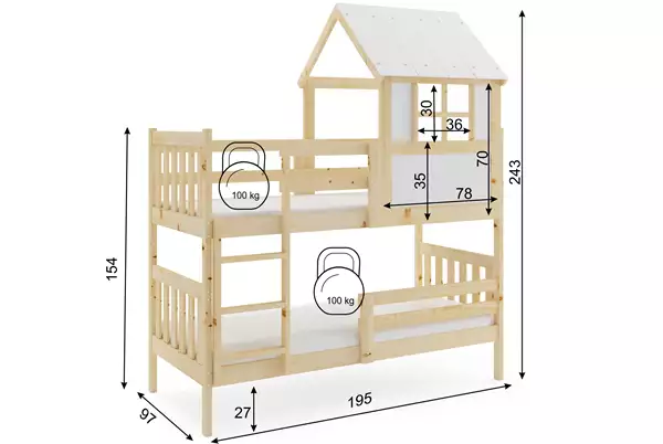 Mått och specifikationer för Våningssäng hus med tak – Kacper, i naturligt trä 90x190 Mått och specifikationer för Våningssäng hus med tak – Kacper, i naturligt trä 90x190