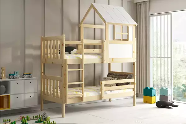 Visualisering för Våningssäng hus med tak – Kacper, i naturligt trä 90x190 Visualisering för Våningssäng hus med tak – Kacper, i naturligt trä 90x190