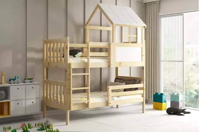Visualisering för Våningssäng hus med tak – Kacper, i naturligt trä 90x190