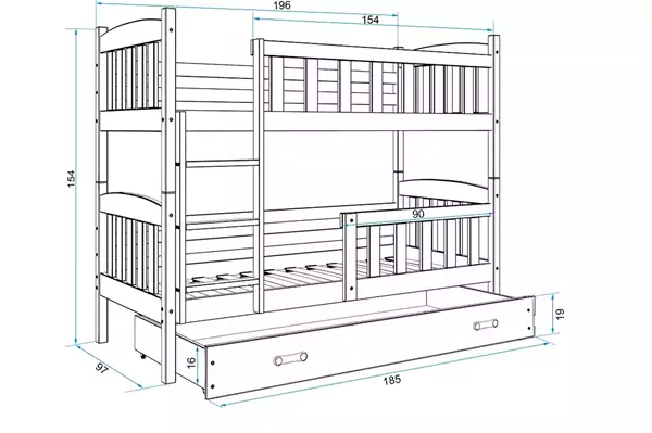 Storlek på Våningssäng KUBUŚ 90X190 med madrass och låda, furu/vit Storlek på Våningssäng KUBUŚ 90X190 med madrass och låda, furu/vit