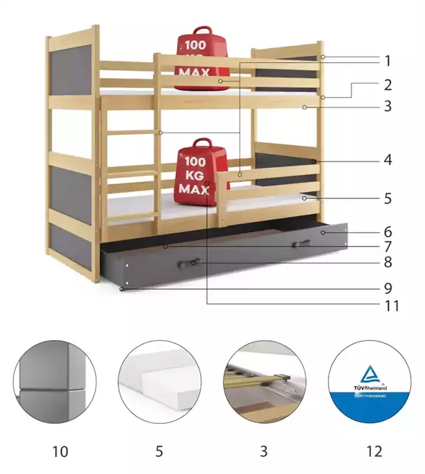 Beståndsdelar för Våningssäng RICO 90X190 för ungdomar med madrass och låda, furu/grafit