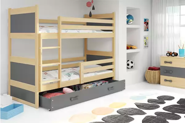 Visualisering av Våningssäng RICO 90X190 för ungdomar med madrass och låda, furu/grafit